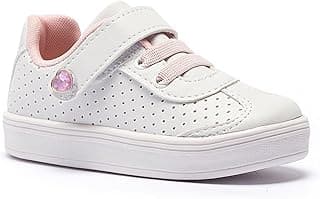 Tênis feminino infantil branco com detalhes rosa, cadarços e fivela decorativa.