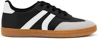 Tênis feminino casual preto e branco com sola marrom, estilo clássico samba, detalhes em camurça