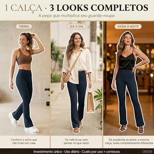 1 Calça Flare Legging Suplex Feminina Esportiva Casual Dia a Dia Zero Transparência Cintura Alta Levanta Bumbum Leg Bailarina Elasticidade 4 Vias Cós Duplo (BR, Alfa, M, Regular, Regular, Preto)