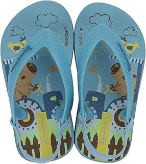 Chinelos infantis Ipanema Kids azuis com estampas de animais e balões