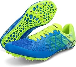 Tênis de corrida Ifrich para atletismo, azul e verde neon, spikes na sola, respirável, para homem e mulher.