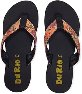 Chinelos femininos Du Rio com estampas coloridas nas tiras, fundo preto e número 3.4 em amarelo