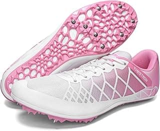 Tênis de corrida branco e rosa com sola de espinhos para atletismo