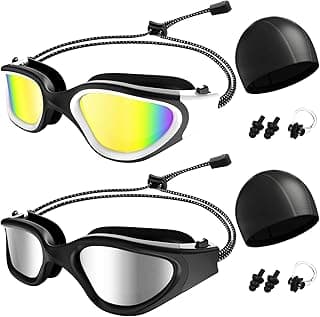 QBuen oculos de natação adulto Conjunto, Conjunto de 2 peças, Totalmente integrado e selado oculos natacao, proteção UV + faixa elástica para a cabeça, atualização antiembaçante 10x