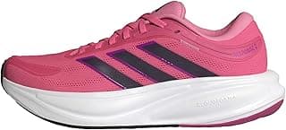 Tênis de corrida feminino Adidas Response 2 rosa e branco, com três listras pretas e roxas, fundo branco.