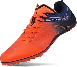 Tênis de corrida TURAFO laranja e azul com spikes na sola