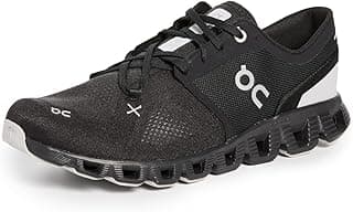 Tênis esportivo On Cloud X Shift preto e branco com amortecimento e malha respirável.