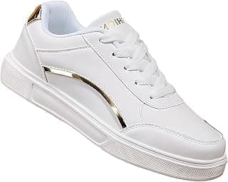 Tênis feminino branco com detalhes dourados e texto '10IH' na lateral