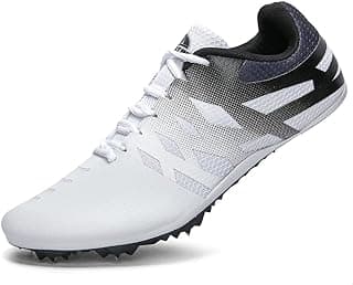 Tênis de corrida esportivo branco com detalhes em preto e cinza, 8 spikes