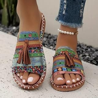 Generic Sandália feminina casual com franja, bico aberto, rasteira, verão, plus size, chinelos femininos, Verde, 38