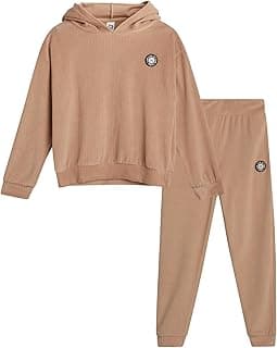 RBX Conjunto De Moletom Feminino - 2 Peças Com Capuz E Pulôver Veludo, Leggings Corrida, Agasalho Esportivo Para Meninas (7-12), Tamanho 7-8, Amêndoa Torrada