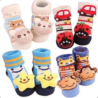 KLOUBE Kit 4 Pares Meias Bebê com Chocalho Pelúcia 3D Algodão Menino Menina Conforto Respirável 0 a 24 Meses Uso Diário