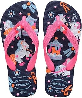 Chinelo infantil Havaianas Fantasy com estampa de unicórnios e carrossel, preto e rosa.
