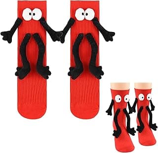 ONKZMORA 1 par de meias de mãos dadas para crianças, meninos e meninas, engraçadas, fofas, magnéticas, novidades, presentes malucos, meias de 4 a 11 anos (vermelha)