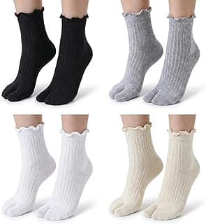 Aysatogc 4 pares de meias femininas Tabi divididas com dois dedos, meias japonesas separadas com babados, babados, meias esportivas casuais para homens e mulheres, unissex