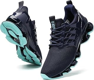 Tênis de corrida de trilha feminino azul marinho e preto com sola verde turquesa