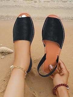 Generic Sapatilhas femininas com bico aberto, sapatos casuais de couro sintético, sandálias antiderrapantes leves para caminhadas diárias, praia e passeios à beira da piscina, Preto, 35