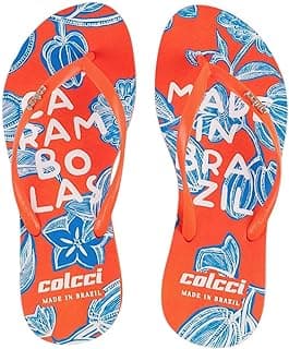 Chinelo Feminino Tropical Colcci laranja com estampa de folhas azuis