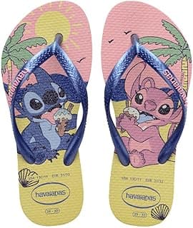 Chinelos Havaianas infantis com estampa de Stitch, tira azul e sola amarela.