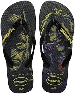 Chinelo Havaianas Top com estampa de Batman e Coringa, preto com detalhes amarelos e verdes.