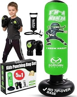 Marwan Sports Conjunto de saco de pancada infantil 5 em 1 – Saco de boxe inflável ultradurável com luvas e bomba de ar – Brincadeira ativa emocionante e segura para meninos de 4 a 12 anos (patente