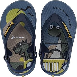 Chinelos infantis Grendene Kids Rider com estampa de dinossauro e carro, azul e amarelo, com texto 'DINOAventura' e 'Rider'.