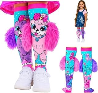 Genérico Meia Divertida Maluca Personagem 3D Poodle Fashion Infantil e Juvenil, Cano Alto, Pelúcia Decorativa, Rosa e Lilás, Tamanhos 27-35