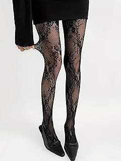 Generic Meia-calça arrastão feminina com estampa de cintura alta, meia-calça floral, renda, arrastão kawaii, Y2K, transparente