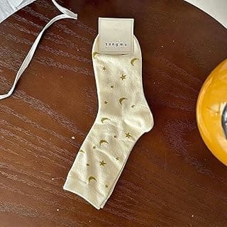 Meias femininas creme com padrão dourado de estrela e lua - lindas meias temáticas celestiais para uso diário