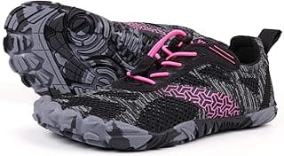 Tênis feminino minimalista para corrida em trilha, bico largo, zero drop, preto e cinza com detalhes rosa