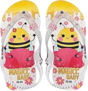 Sandálias infantis Magicc Baby com estampa de abelha, tamanho 23-24, cores rosa, amarelo e branco.