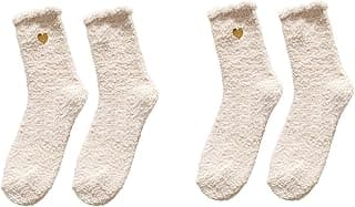 Generic Meias femininas bordadas com coração – Meias de dormir ultra macias e aconchegantes, de microfibra de pelúcia quente, antiderrapante (2 pares, bege)