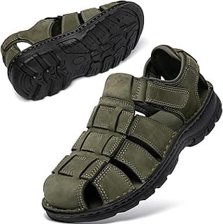 KOIMED Sandálias masculinas de couro para caminhada, bico fechado, sapatos aquáticos para o verão, atlético, caminhada, esportes, trilha, pesca, rio, pesca, largo, ajustável, à prova d'água, suporte