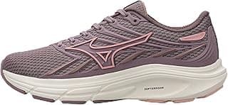 Tênis de corrida Mizuno Jet 8 feminino, roxo e cinza, com sola branca e detalhes em rosa.
