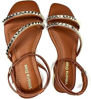 Genérico Vitória Dias Sandálias Femininas, Tiras com Tachas Douradas, Couro Marrom Caramelo Nº 34.