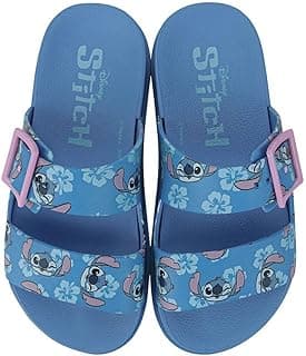 Chinelo infantil azul com estampa de Lilo e Stitch, flores e texto 'Stitch', Grendene Kids