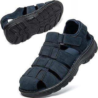 KOIMED Sandálias masculinas de couro para caminhada, bico fechado, sapatos aquáticos para o verão, atlético, caminhada, esportes, trilha, pesca, rio, pesca, largo, ajustável, à prova d'água, suporte