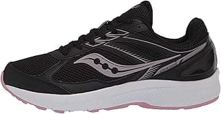 Tênis de corrida feminino Saucony Cohesion 14 Road, preto com detalhes em cinza e rosa.