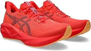 Tênis de corrida masculino ASICS NOVABLAST 5, vermelho e laranja, isolado em fundo branco.