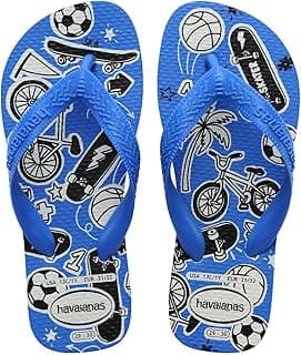Chinelos infantis Havaianas com estampas de esportes e atividades, fundo azul