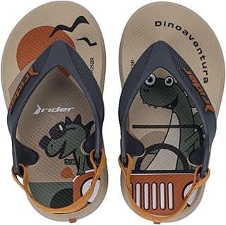 Sandálias infantis Grendene Rider com estampa de dinossauros, bege e azul