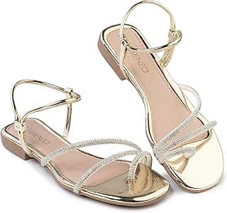 FERENZO Sandália Feminina Rasteira Casual Flat com Tiras Brilhantes, Dourado, Ouro, Bronze, Preto, Rasteirinha Macia, Leve e Confortável