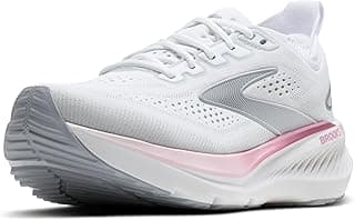 Tênis de corrida Brooks Glycerin GTS 23 para mulher, branco e rosa, vista lateral.