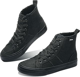 Obtaom Sapatos femininos e masculinos de lona de cano alto, tênis fashion de cano médio casual com cadarço, cano alto, sapatos de lona lavados, Preto/preto, 5 Women/4.5 Men