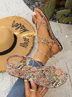 Generic Sandálias femininas de praia de verão, sapatilha de tira elástica com estampa étnica colorida, sapatos casuais de caminhada com bico aberto para férias