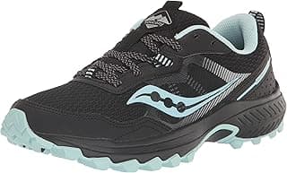 Tênis de corrida feminino Saucony Excursion Tr16 Gore-tex Trail Runners preto e azul com sola verde.