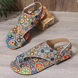Generic Sandálias femininas boho romanas plus size – sandálias planas confortáveis e étnicas estampadas, sandálias casuais de praia para pés largos