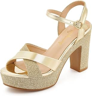 hingswink Sandálias femininas com plataforma brilhante, salto grosso, salto alto de 9,5 cm, bico aberto com alça, confortável, sexy, elegante, formatura, casamento, festa, noite, sapatos