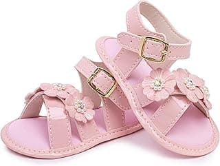 FERENZO Sandália Infantil Bebê Menina, Recém Nascida, Primeiros passos, Branca com Flores de Pérolas, Fivela Dourada, para Batizado e Festas, Calçado Elegante para Bebê