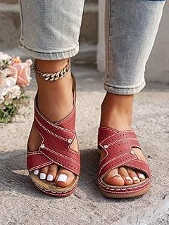 Generic Sandálias femininas plus size – cor sólida bico redondo plataforma grossa Peep-Toe Walking Slide, Vermelho, 35